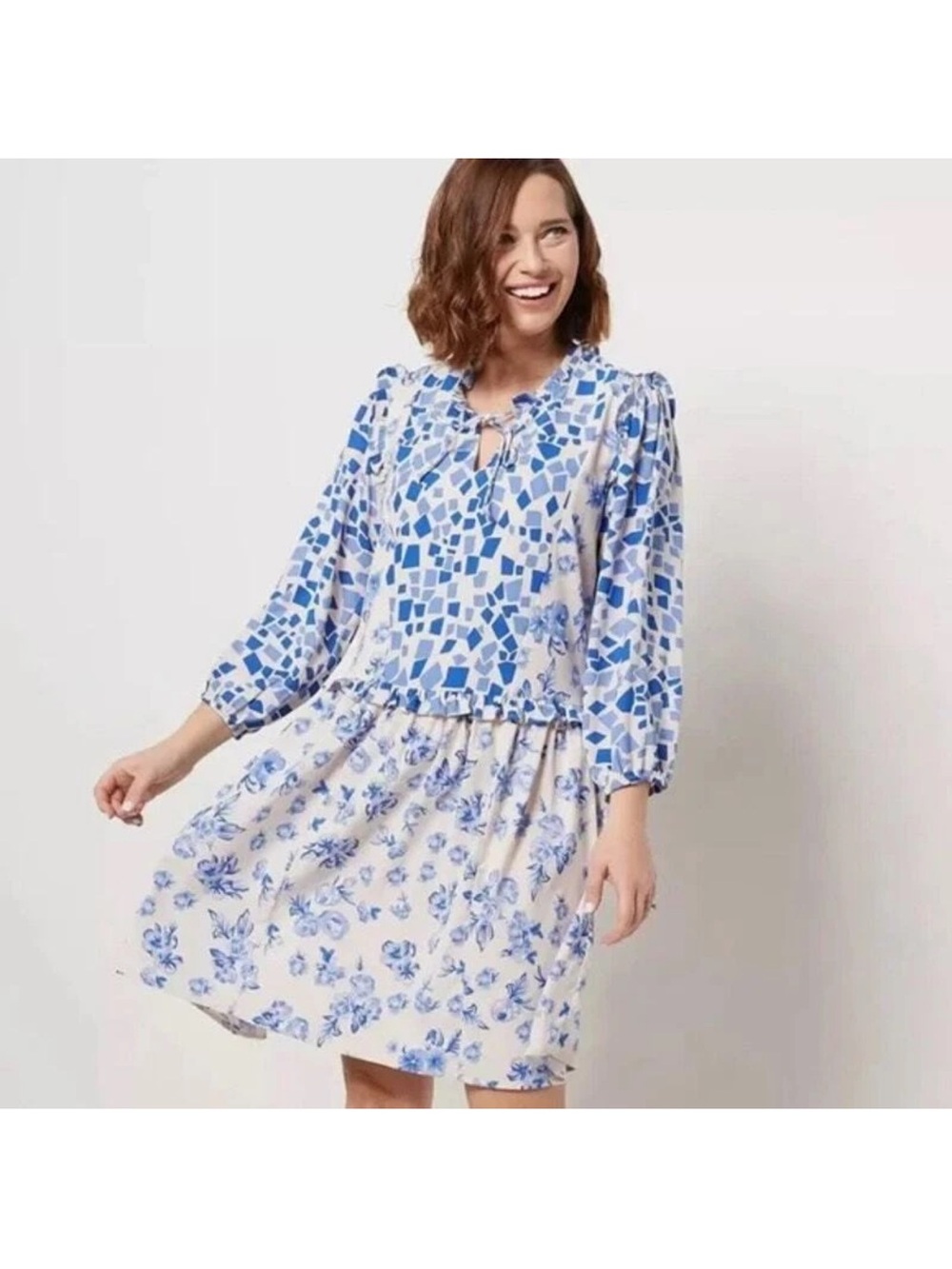 Tolani Collection Mae Mini Dress Geo Floral Blue/White Long Sleeve Ruffle